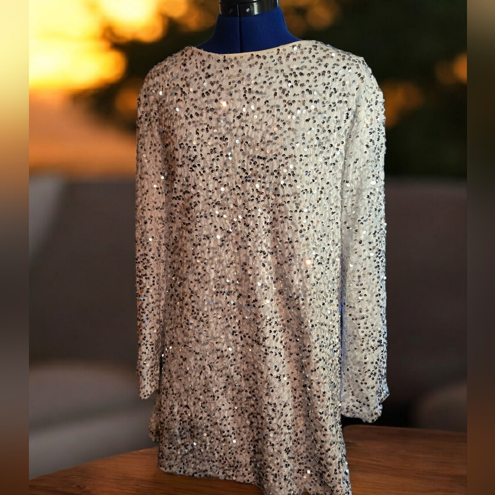 Sequin Long Sleeve Shift Dress - Cream